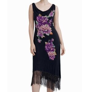 Lola P Floral Dress Size Large‎ Black Purple Fringe Hem Sleeveless Whimsygoth